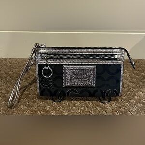 Coach Poppy Black and Silver Op Art Signature Wristlet 7.5 x 4 Inches